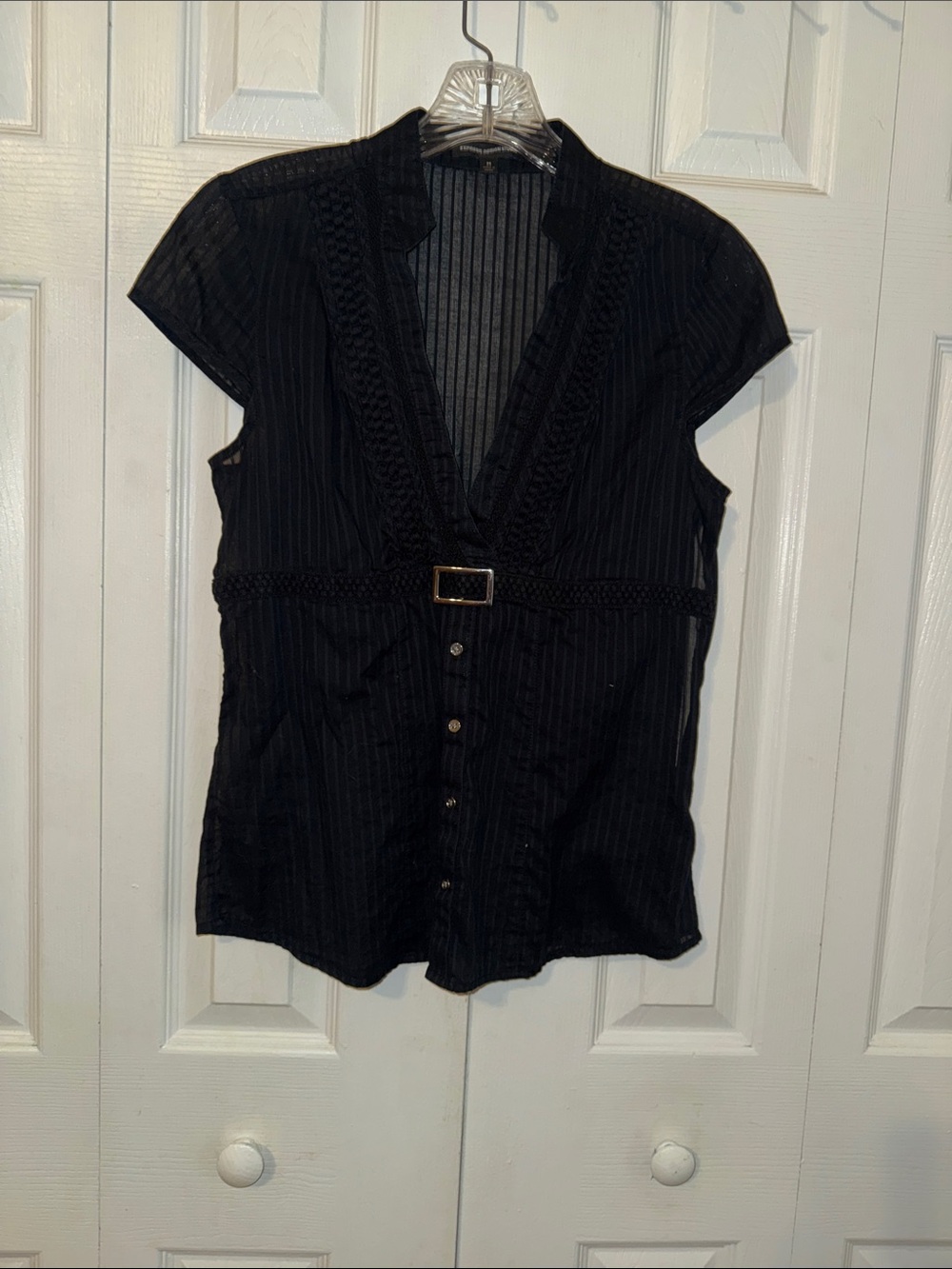 Express Black Short Sleeve V-Neck Button Front Blouse with Waist Buckle